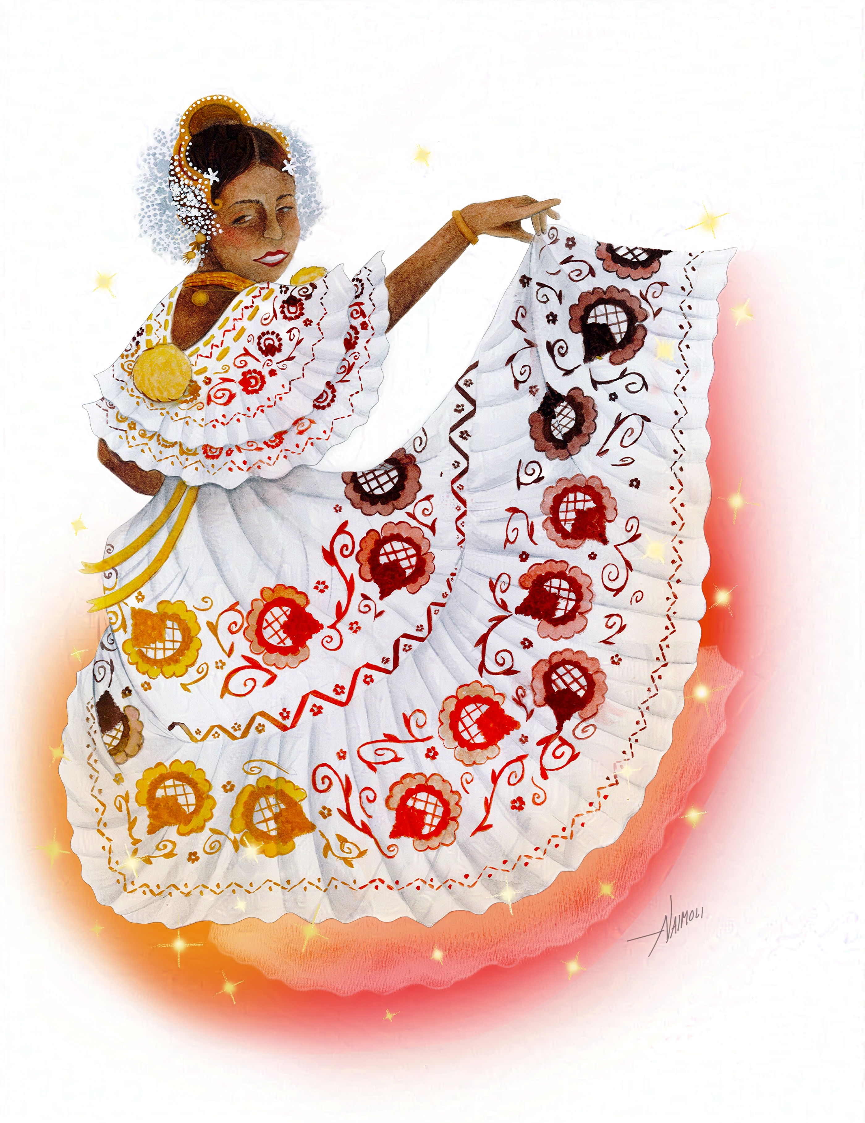 A hand-drawn portrait of a Panamanian dancer.